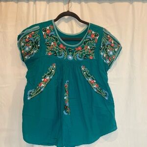 Amazon Teal Embroidered Blouse